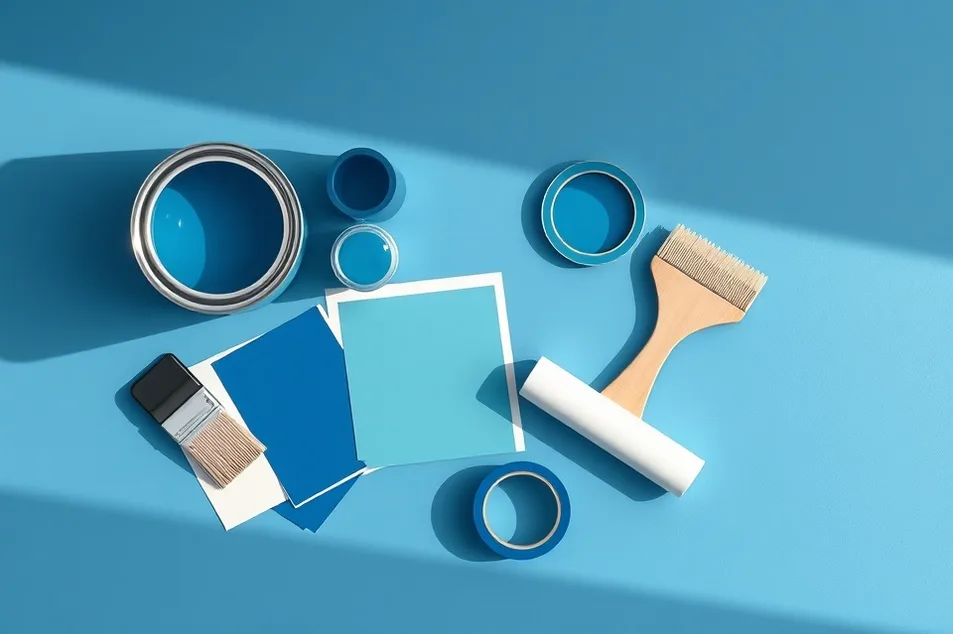 Pots de peinture, nuancier, brosses et rouleaux disposés à plat