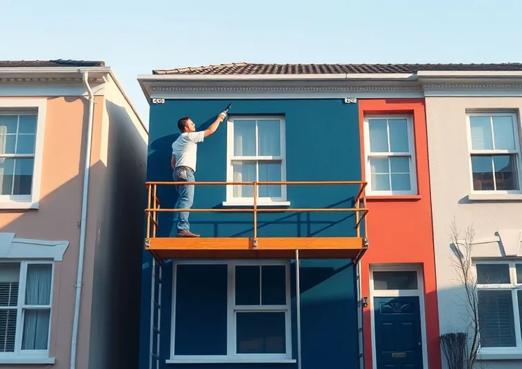 Peintre sur échafaudage traitant la façade d'une maison